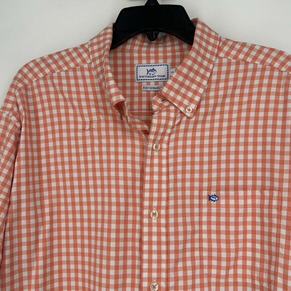 Southern Tide Nassau Gingham Performance Shirt Orange Long Sleeve Size XL - Picture 2 of 10